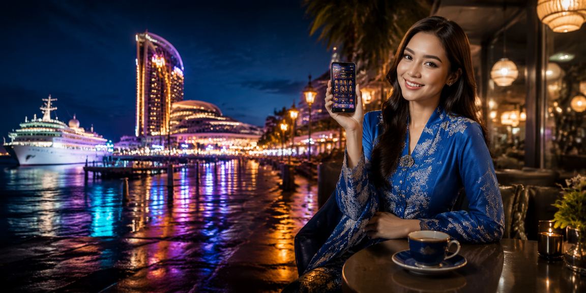 Pengguna Malaysia dalam baju kurung mengakses platform mudah alih 9010 dengan selamat dan terlindung