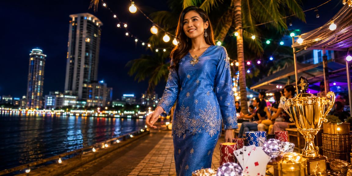 Pemain Penang bermain teen patti dalam pakaian baju kurung tradisional